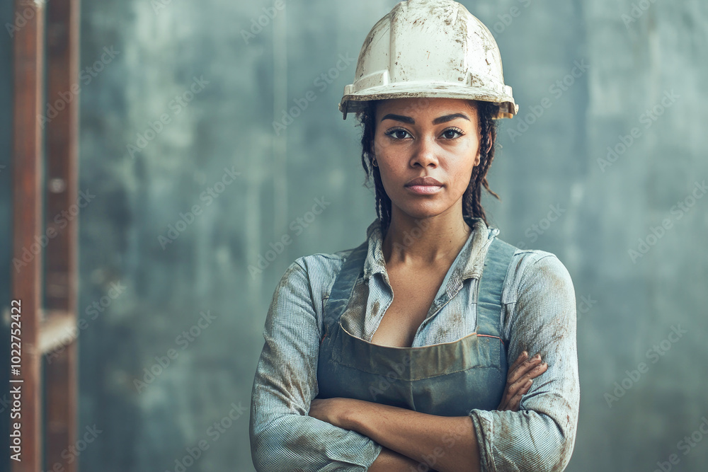 Confident female construction worker in hard hat with arms crossed, symbolizing strength and determination. Confident female construction worker in hard hat with arms crossed, symbolizing strength and determination.