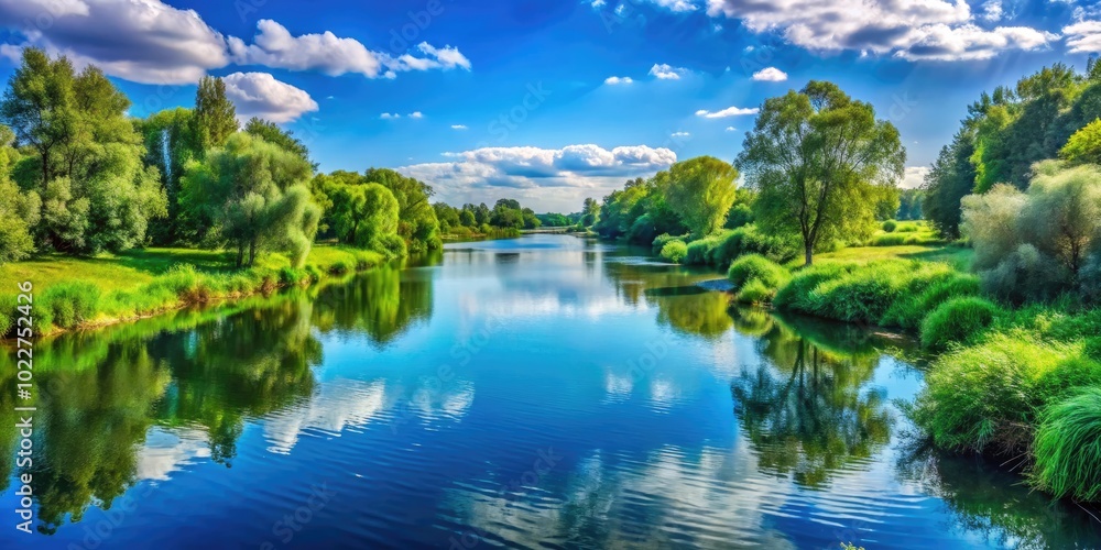 Serene Riverside Landscape with Lush Greenery and Calm Waters Under Clear Blue Sky at Adi River Serene Riverside Landscape with Lush Greenery and Calm Waters Under Clear Blue Sky at Adi River