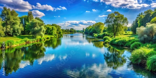 Serene Riverside Landscape with Lush Greenery and Calm Waters Under Clear Blue Sky at Adi River