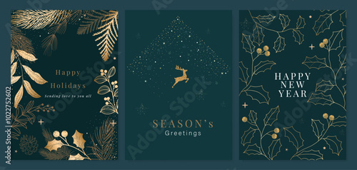 Luxury Happy Holidays invitation card design vector. Elegant Happy New Year card with leaves branch, snowflake, gold foil texture on red background. Design for Season's Greeting, christmas, cover.