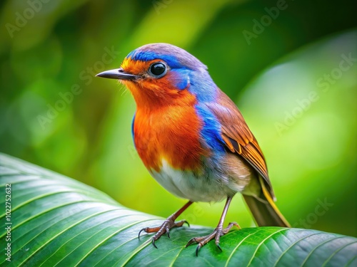 Serene Scene of a Bird Resting on a Leaf Amidst Lush Greenery in a Tranquil Eden-like Setting