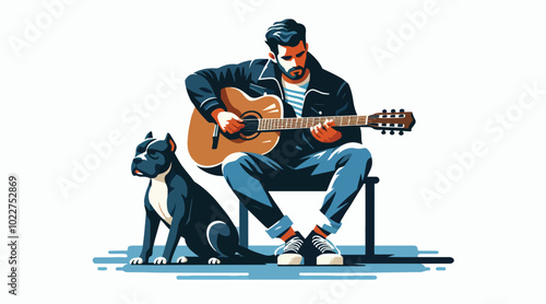  illustration of a man in a black jacket and jeans plays guitar while sitting and is accompanied by a Pitbull dog