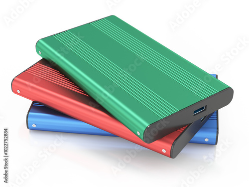 External storage units with USB cable isolated on white background. 3D illustration