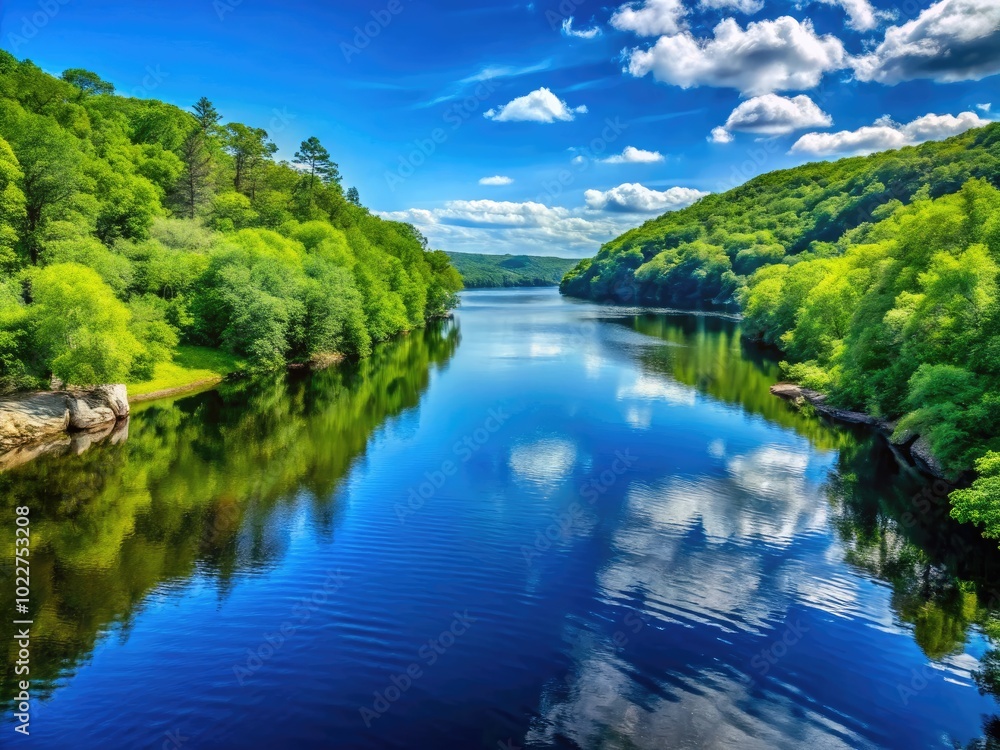 Serene St. Croix River Landscape with Lush Greenery and Tranquil Waters Under a Clear Blue Sky Serene St. Croix River Landscape with Lush Greenery and Tranquil Waters Under a Clear Blue Sky