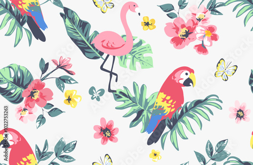 tropical birds and colorful wild flowers seamless pattern