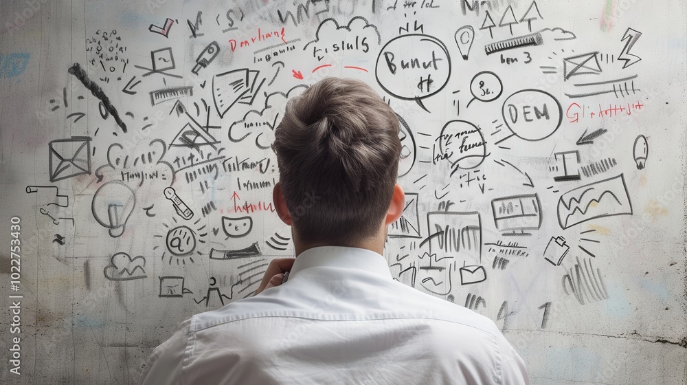 Male entrepreneur brainstorming innovative ideas for a business plan in a modern office setting Male entrepreneur brainstorming innovative ideas for a business plan in a modern office setting
