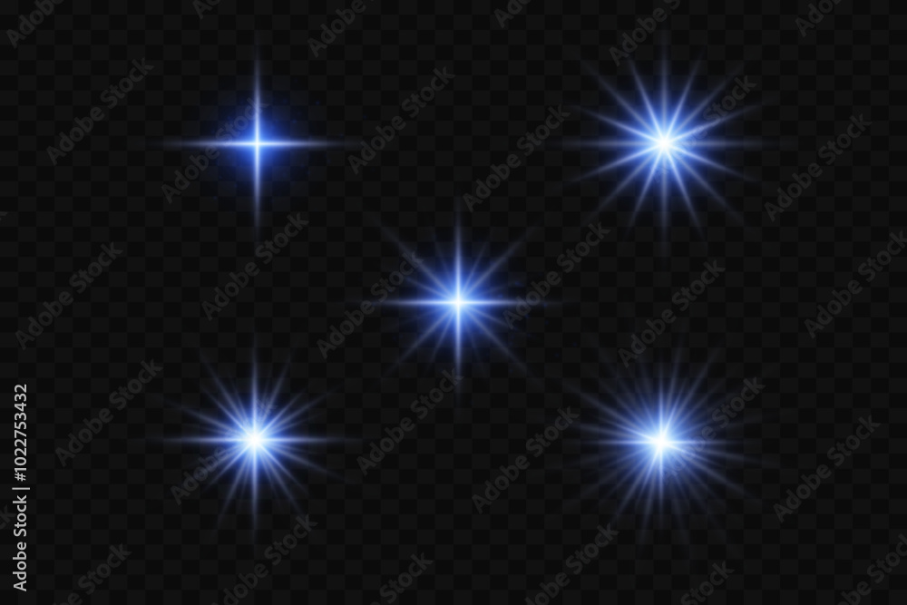 Set of flares and highlights. Light of stars and explosion. On a transparent background.