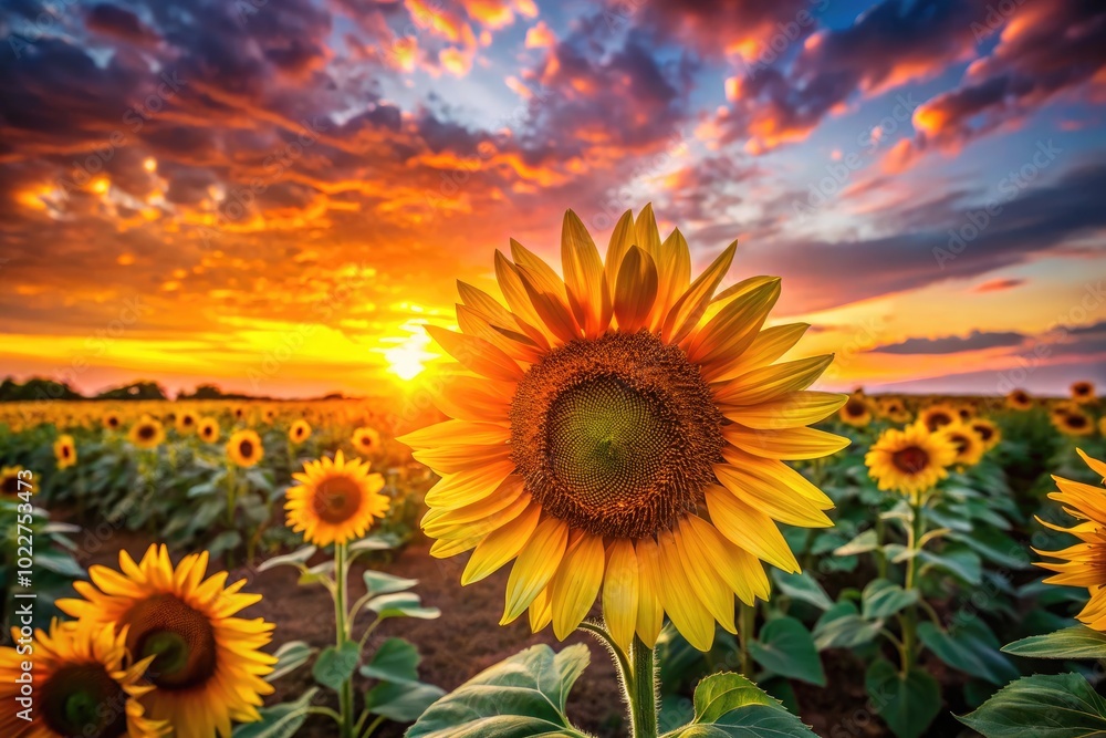 Fototapeta premium Serene Sunflower Field Under a Vibrant Sunset Sky Creating a Picturesque Natural Landscape