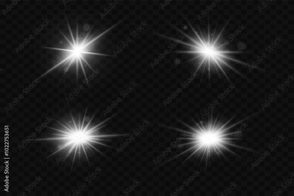 Set of flares and highlights. Light of stars and explosion. On a transparent background.