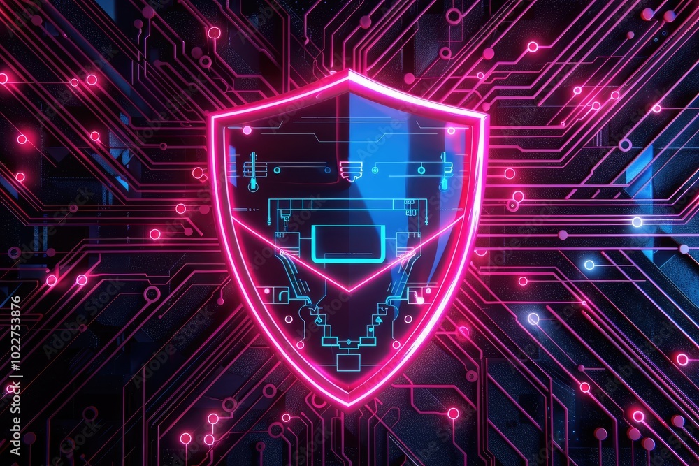Neon Shield on a Circuit Board Background Neon Shield on a Circuit Board Background
