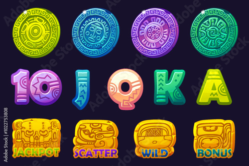 Set of 12 slot symbols Mayan or Aztec theme. Ui element for your gambling. Icons for 2D Games and Casino or Slots. Graphic elements for the development of slot machines