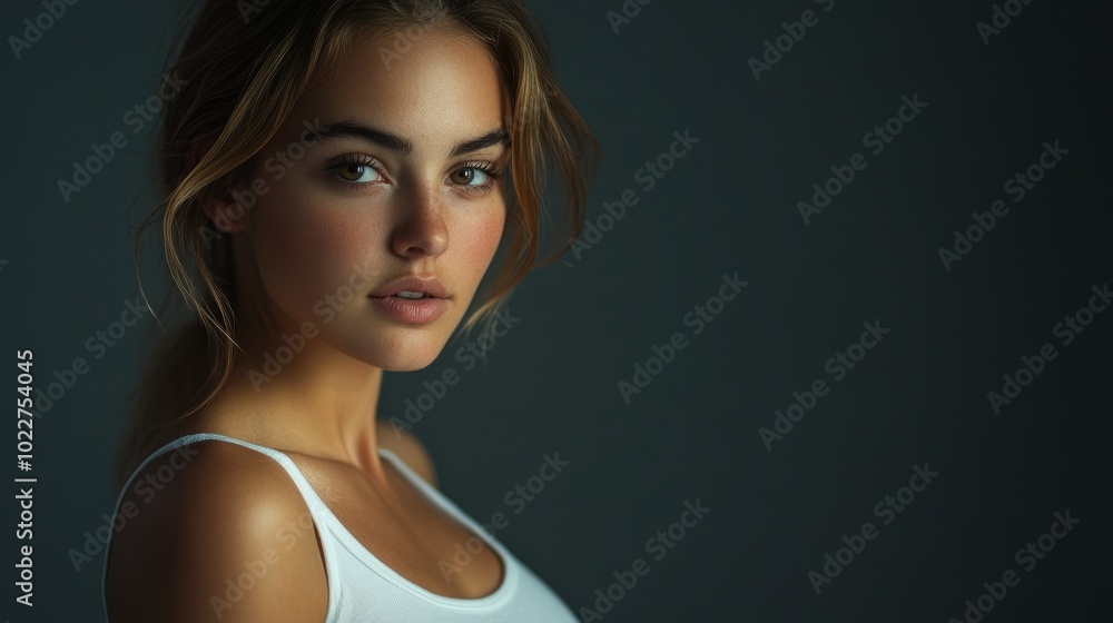 Beautiful woman in white T-shirt Female breast dark background Beautiful woman in white T-shirt Female breast dark background