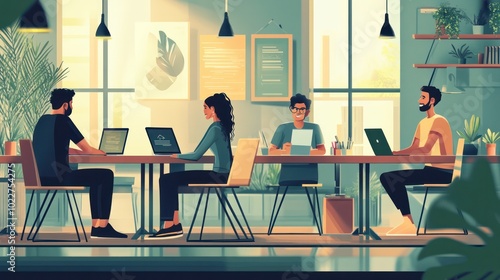 Wallpaper Mural Workers illustrated thriving in rural workspace hubs, enjoying a blend of modern amenities and nature, boosting productivity and well-being, illustrations Torontodigital.ca