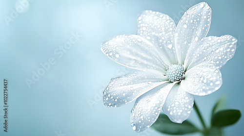 A white flower with water droplets on the petals against a light blue background is a close-up image