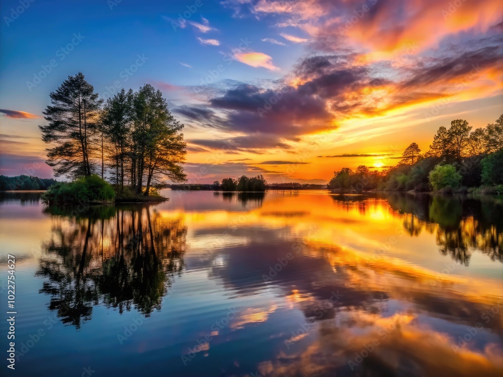 Serene Sunset Over Tranquil Lake with Silhouetted Trees and Reflections in Calm Water Surface Serene Sunset Over Tranquil Lake with Silhouetted Trees and Reflections in Calm Water Surface