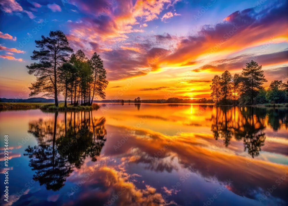 Serene Sunset Over Tranquil Lake with Silhouetted Trees and Soft Reflections on Water Surface Serene Sunset Over Tranquil Lake with Silhouetted Trees and Soft Reflections on Water Surface
