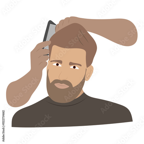 Illustration of a man getting his hair combed at the barbershop.