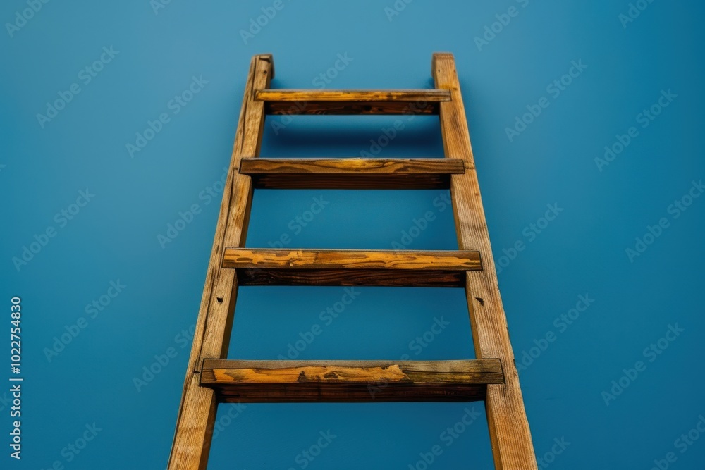 A wooden ladder against a blue wall A wooden ladder against a blue wall