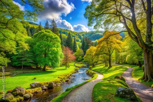 Serene Tollymore Forest Park Landscape with Lush Green Trees and Tranquil Walking Trails in Nature photo