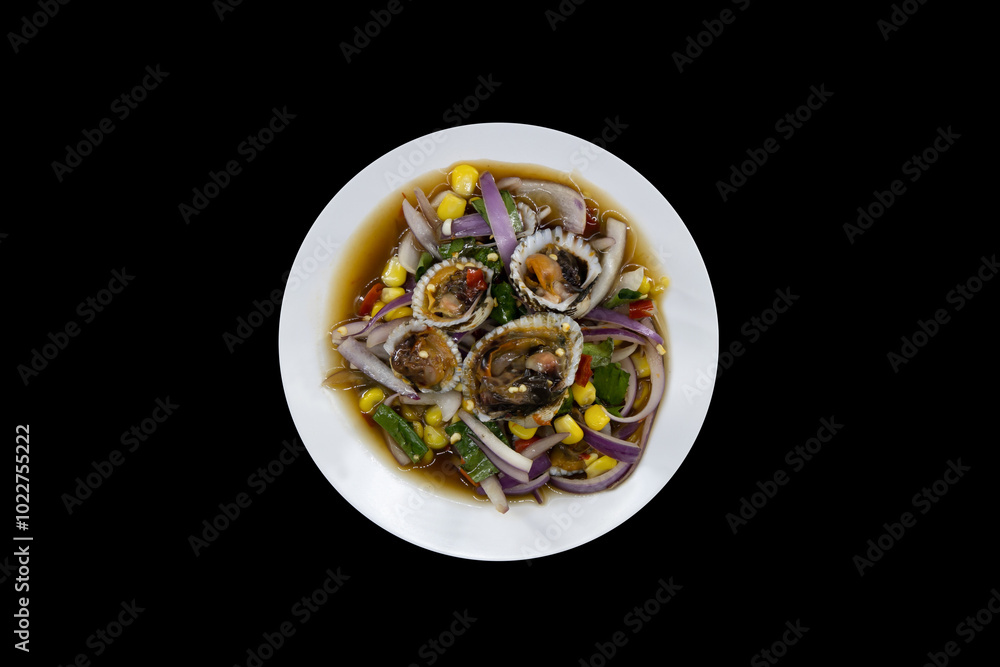 Spicy cockle salad, Isan food, isolated on black background with clipping path. Spicy cockle salad, Isan food, isolated on black background with clipping path.
