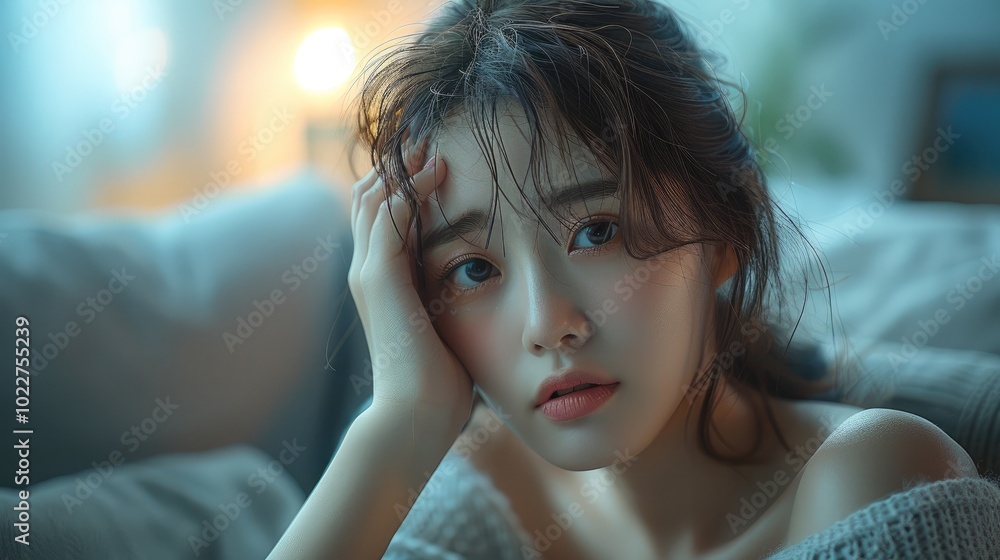 Naklejka premium A woman of Asian descent seated on a couch, her hand pressed to her forehead in a gesture of distress or discomfort.