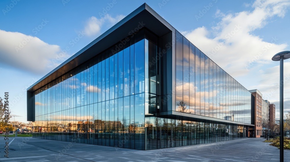A modern building exterior featuring glass panels and metal framework, reflecting the sky and surrounding urban landscape A modern building exterior featuring glass panels and metal framework, reflecting the sky and surrounding urban landscape