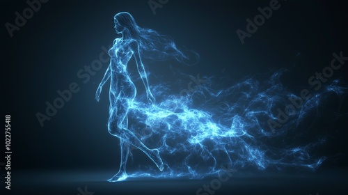 Blue holographic figure of a woman walking with glowing particles