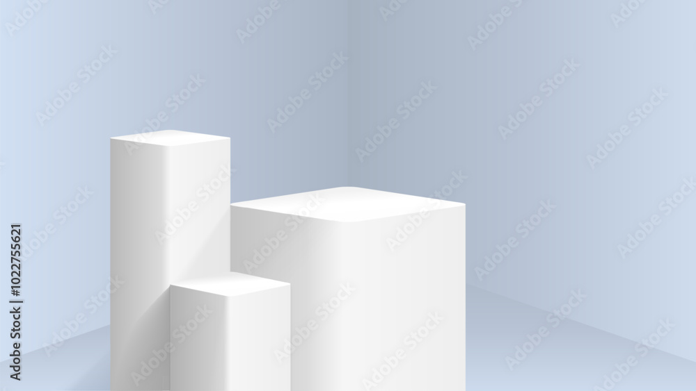 Realistic white cube pedestal podium with soft blue grey room background Realistic white cube pedestal podium with soft blue grey room background