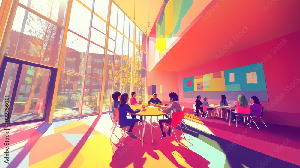 A vibrant meeting space with people engaged in discussion around tables. A vibrant meeting space with people engaged in discussion around tables.