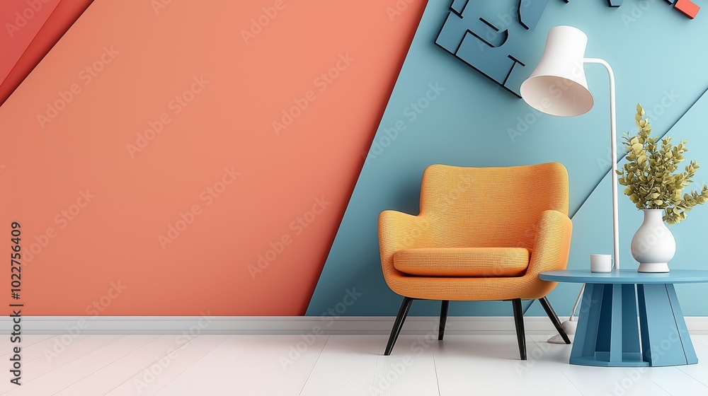 Fototapeta premium A modern scene featuring a vibrant orange armchair, a sleek blue side table with a decorative vase, and a white floor lamp, set against a bold orange and blue geometric background