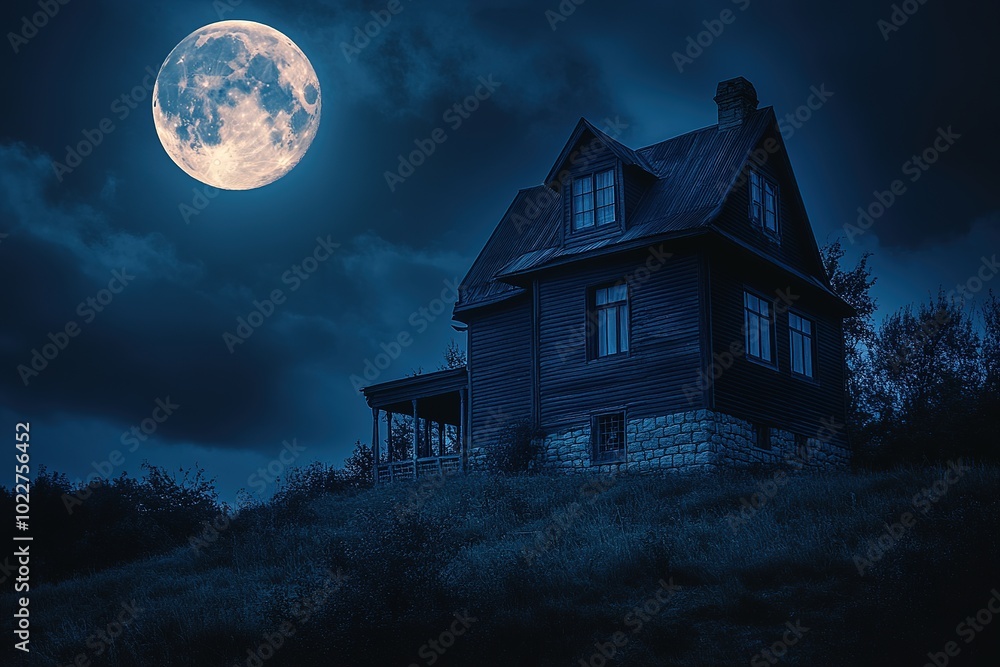 Haunted house silhouette under full moon at night Haunted house silhouette under full moon at night