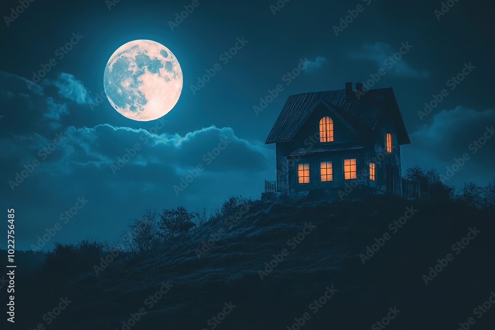 Illuminated house on hill under full moon at night. Illuminated house on hill under full moon at night.