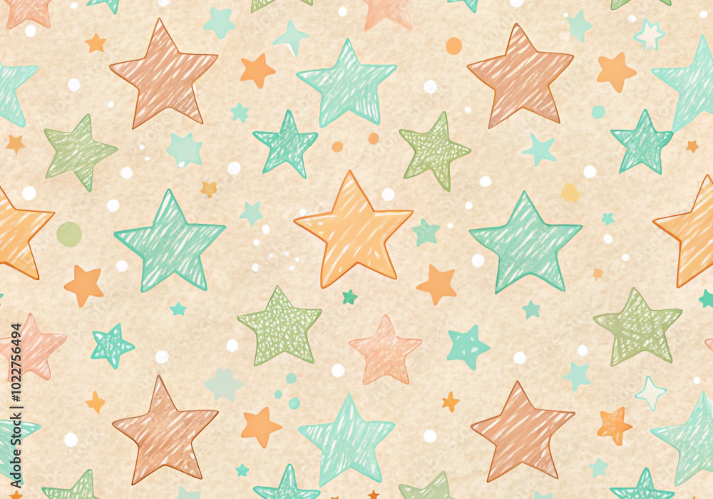 Hand-drawn star pattern in pastel colors on a textured beige background 텍스처드 베이지 배경 위에 파스텔 색상의 손그림 별 패턴 Hand-drawn star pattern in pastel colors on a textured beige background 텍스처드 베이지 배경 위에 파스텔 색상의 손그림 별 패턴