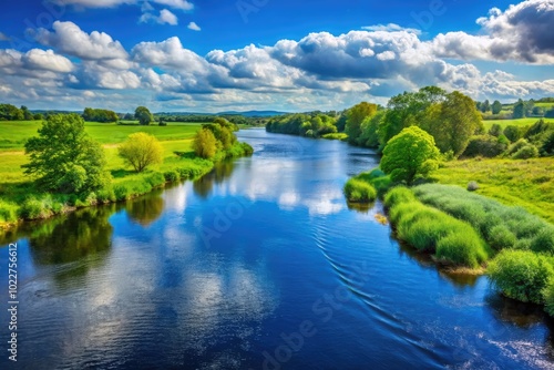 Serene View of the River Shannon Flowing Through Lush Green Landscapes Under a Clear Blue Sky