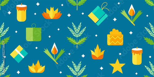Vibrant sukkot celebration pattern with candles, gifts, and traditional symbols