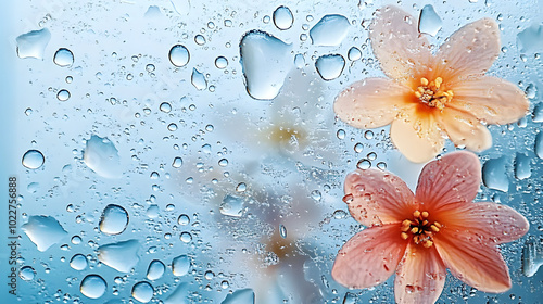 A macro shot of water droplets adorning a glass pane, featuring a floral centerpiece amidst them