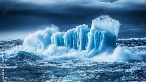 A large iceberg is breaking apart in the middle of the ocean, with waves crashing around it.