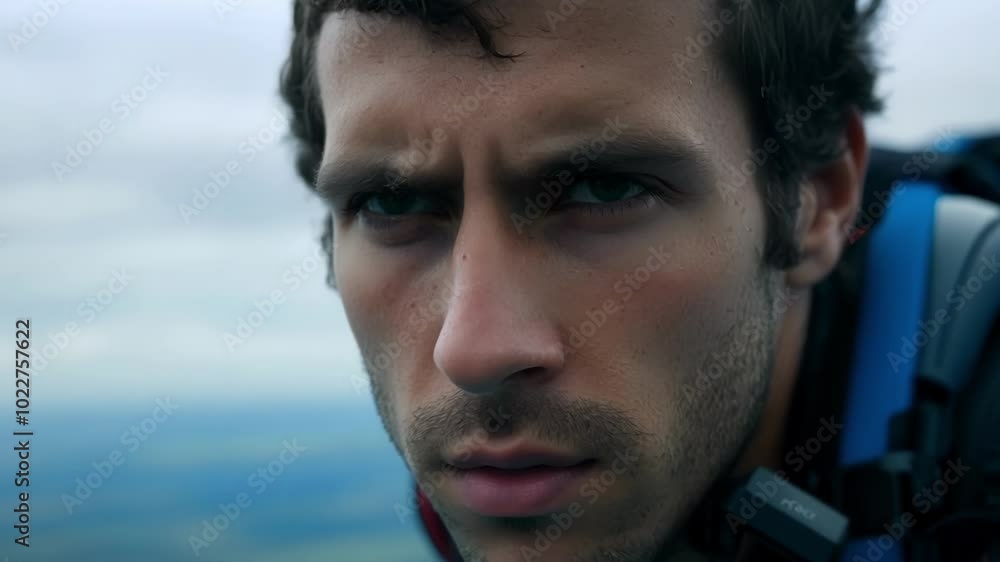 Portrait of a male athlete with a determined expression, wearing a backpack and standing against a blurred background of mountains and sky Portrait of a male athlete with a determined expression, wearing a backpack and standing against a blurred background of mountains and sky