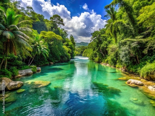 Serene White River in Jamaica Surrounded by Lush Greenery and Crystal Clear Waters Under Blue Sky