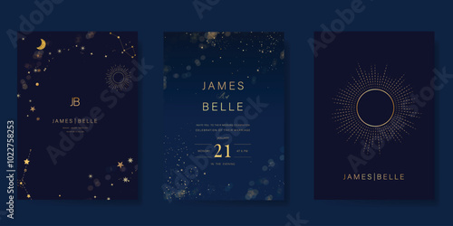 Luxury invitation card design vector set. Elegant wedding card with little star moon sun and space decorative on navy blue background. Design illustration for cover, poster, gala.