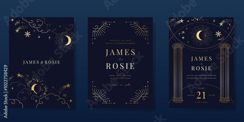 Luxury invitation card design vector set. Elegant wedding card with little star moon sun and space decorative on navy blue background. Design illustration for cover, poster, gala.