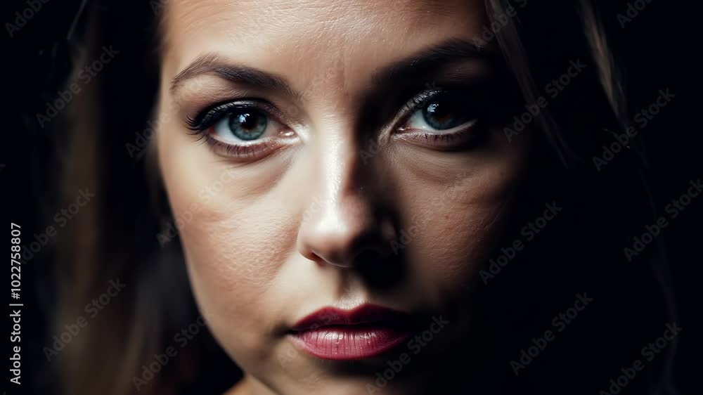 Close-up portrait of a woman with intense expression and dramatic lighting Close-up portrait of a woman with intense expression and dramatic lighting