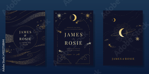 Luxury invitation card design vector set. Elegant wedding card with little star moon sun and space decorative on navy blue background. Design illustration for cover, poster, gala.