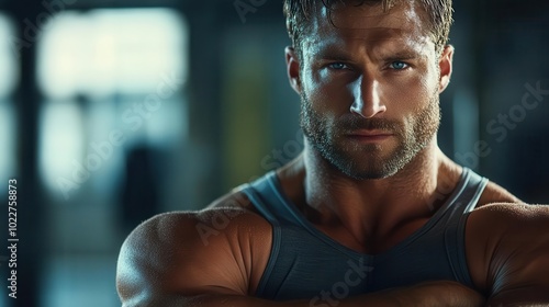 Closeup of a confident athlete with arms crossed, intense expression, bright natural lighting, ultrarealistic detail of muscle definition and clothing texture