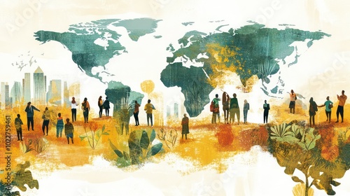 Illustration of nonprofits addressing international challenges, from poverty to climate change, using innovative business models, illustrations