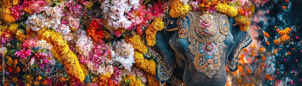 A beautifully adorned elephant surrounded by vibrant flowers, showcasing cultural richness and artistic craftsmanship. A beautifully adorned elephant surrounded by vibrant flowers, showcasing cultural richness and artistic craftsmanship.