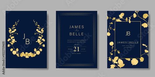 Luxury invitation card design vector set. Elegant wedding card with leaves branch and flower decorative on navy blue background. Design illustration for cover, poster, gala.