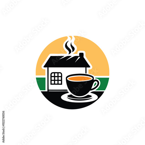 Design a cozy and inviting logo for a coffee shop, featuring a small house and a steaming cup of coffee inside a circle.