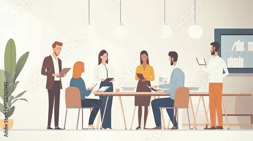 Illustration of professionals recording meeting minutes during a business discussion, ensuring clear documentation and follow-up, illustrations