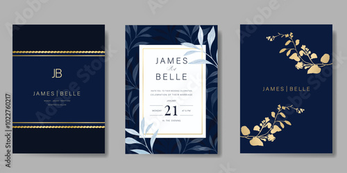 Luxury invitation card design vector set. Elegant wedding card with leaves branch and flower decorative on navy blue background. Design illustration for cover, poster, gala.